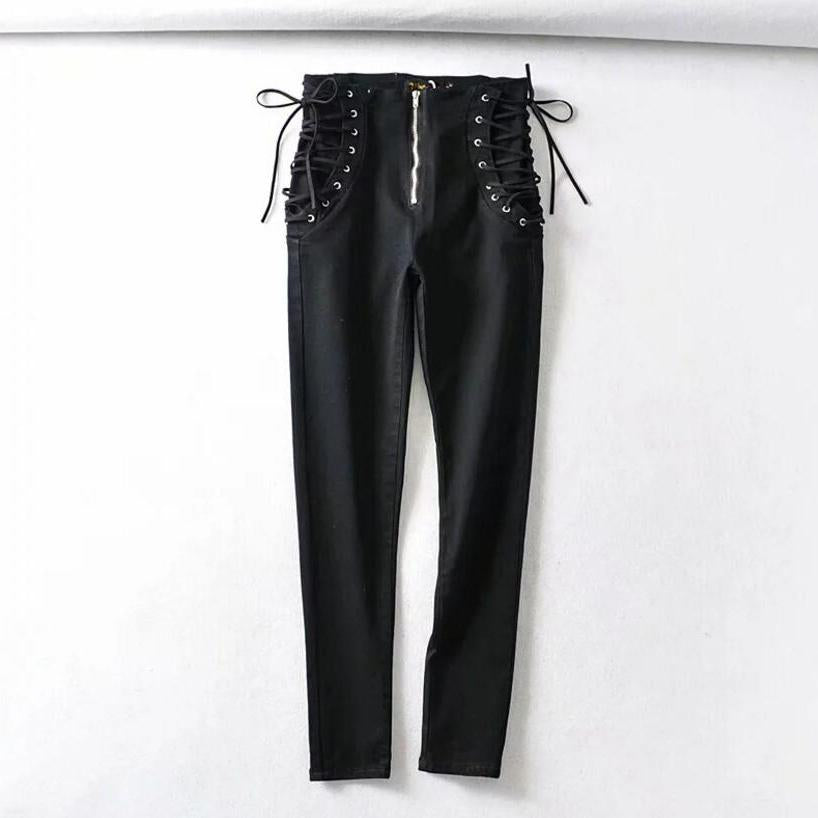 Vintage Skinny Zipper High Waist Cross Lacing up Jeans Women Slim Fit