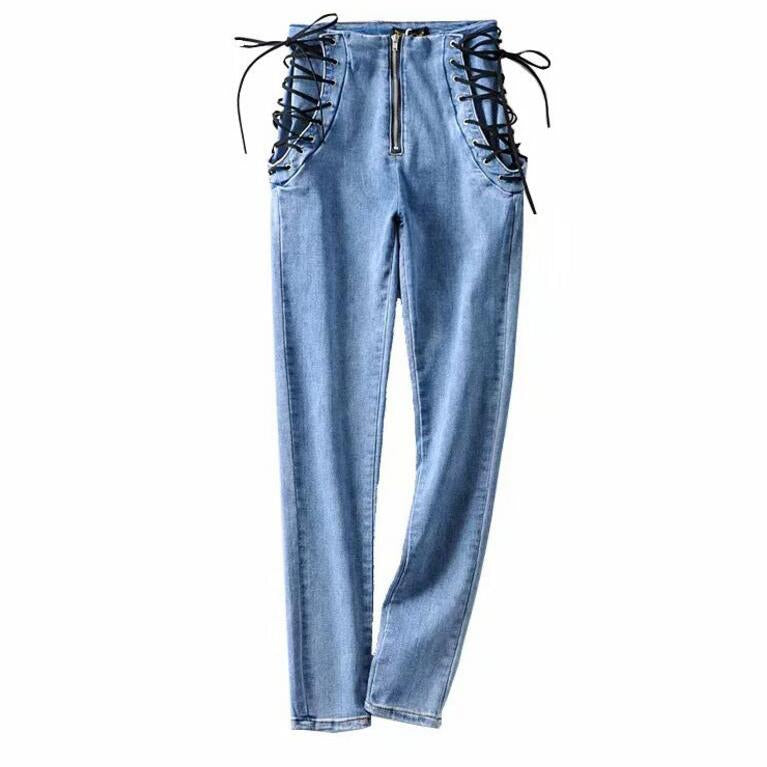 Vintage Skinny Zipper High Waist Cross Lacing up Jeans Women Slim Fit