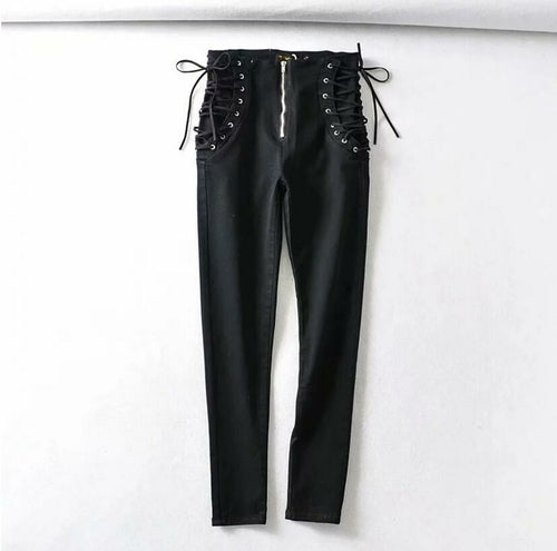 Vintage Skinny Zipper High Waist Cross Lacing up Jeans Women Slim Fit