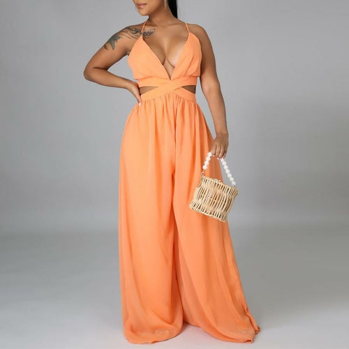 Straps V-Neck Chiffon Cut Out Backless Jumpsuit Romper