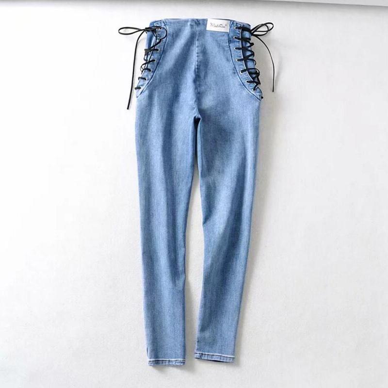 Vintage Skinny Zipper High Waist Cross Lacing up Jeans Women Slim Fit