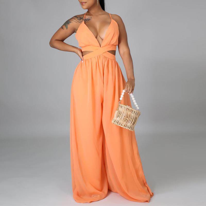 Straps V-Neck Chiffon Cut Out Backless Jumpsuit Romper