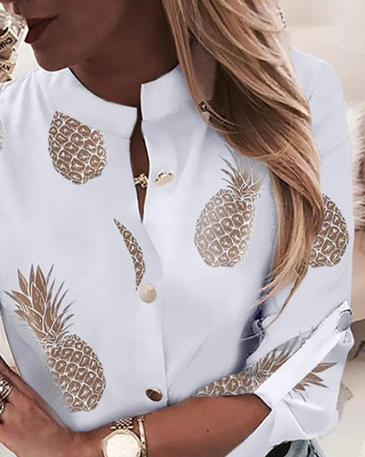Fashion Women Long Sleeve Gold Pineapple Print Blouse V Neck Shirt Office Ladies Party Elegant Streetwear femininas Plus Size
