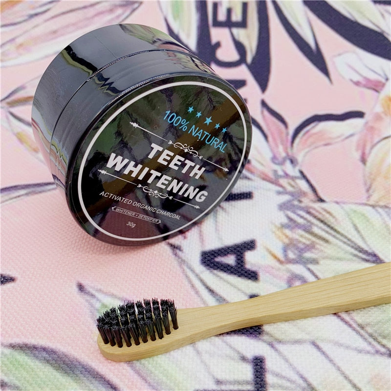Eco Bamboo Toothbrush with Natural Activated Organic Charcoal Teeth Whitener Powder Kit for Oral Hygiene Coconut Charcoal