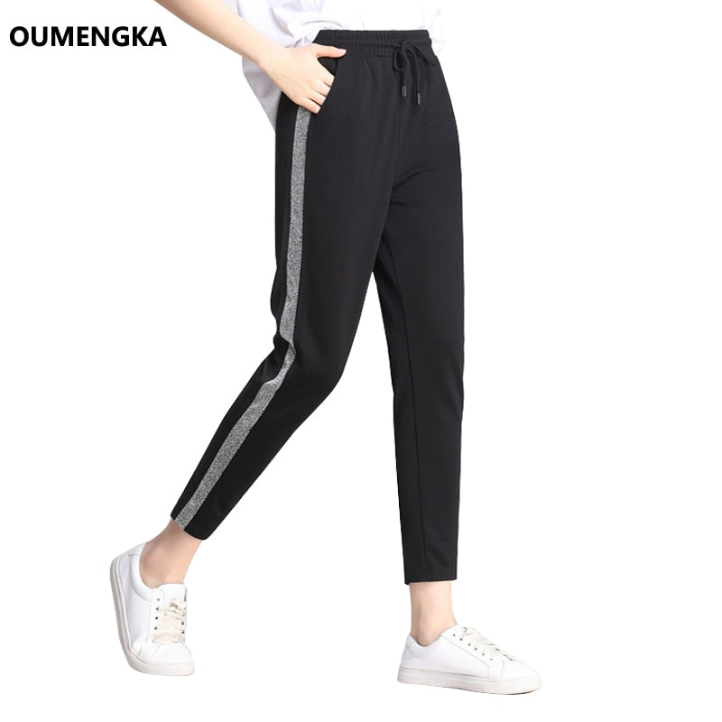 OUMENGKA Contrast Panel Sweatpants Women Casual Harem Pants Loose Elastic Trousers Women Black Striped Side Sweat Pants Female
