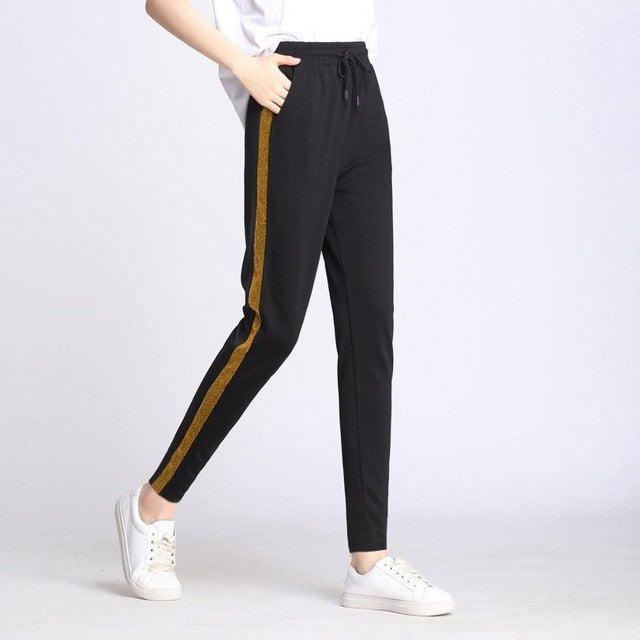 OUMENGKA Contrast Panel Sweatpants Women Casual Harem Pants Loose Elastic Trousers Women Black Striped Side Sweat Pants Female