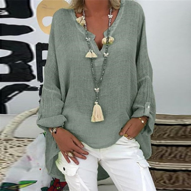 Elegant V-Neck Linen Cotton Women Blouse Shirts 2020 Autumn Floral Print Plus Size Tops Female Vintage Casual Long Sleeves Blusa