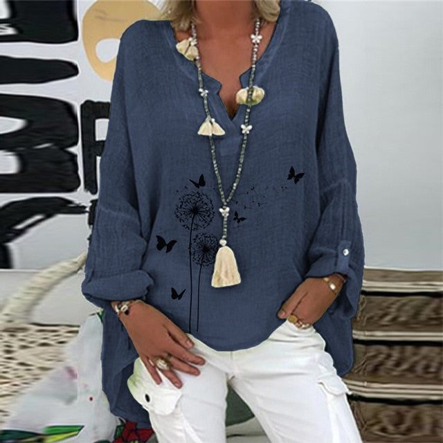 Elegant V-Neck Linen Cotton Women Blouse Shirts 2020 Autumn Floral Print Plus Size Tops Female Vintage Casual Long Sleeves Blusa