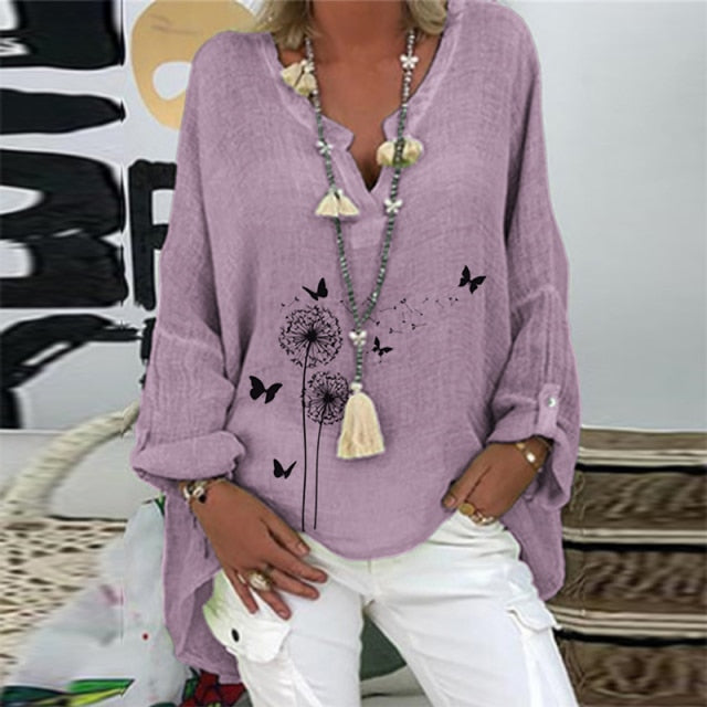 Elegant V-Neck Linen Cotton Women Blouse Shirts 2020 Autumn Floral Print Plus Size Tops Female Vintage Casual Long Sleeves Blusa