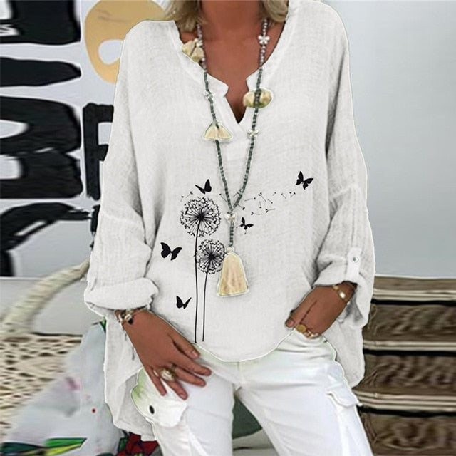 Elegant V-Neck Linen Cotton Women Blouse Shirts 2020 Autumn Floral Print Plus Size Tops Female Vintage Casual Long Sleeves Blusa