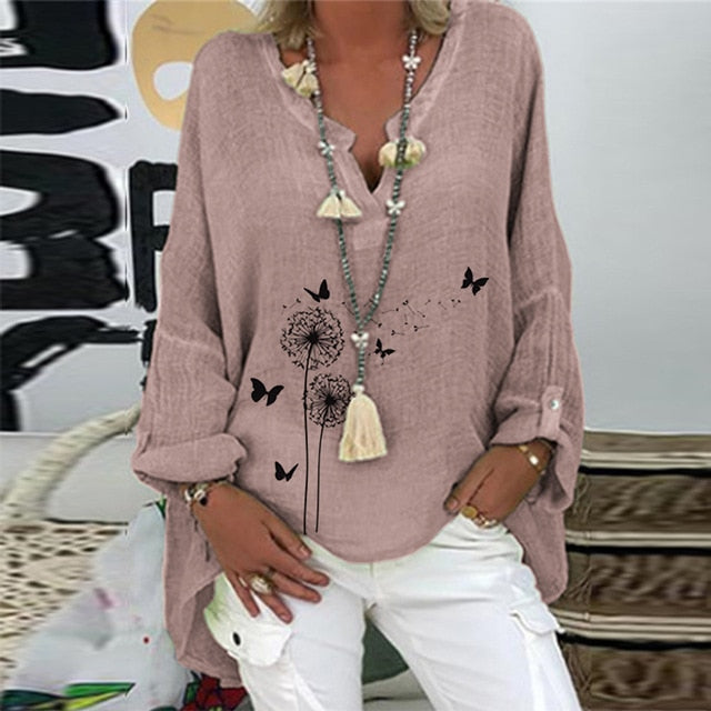 Elegant V-Neck Linen Cotton Women Blouse Shirts 2020 Autumn Floral Print Plus Size Tops Female Vintage Casual Long Sleeves Blusa