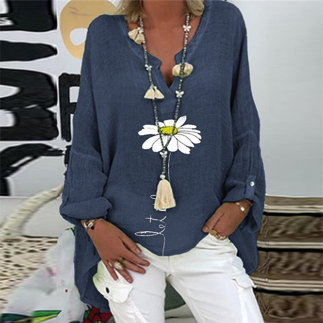 Elegant V-Neck Linen Cotton Women Blouse Shirts 2020 Autumn Floral Print Plus Size Tops Female Vintage Casual Long Sleeves Blusa