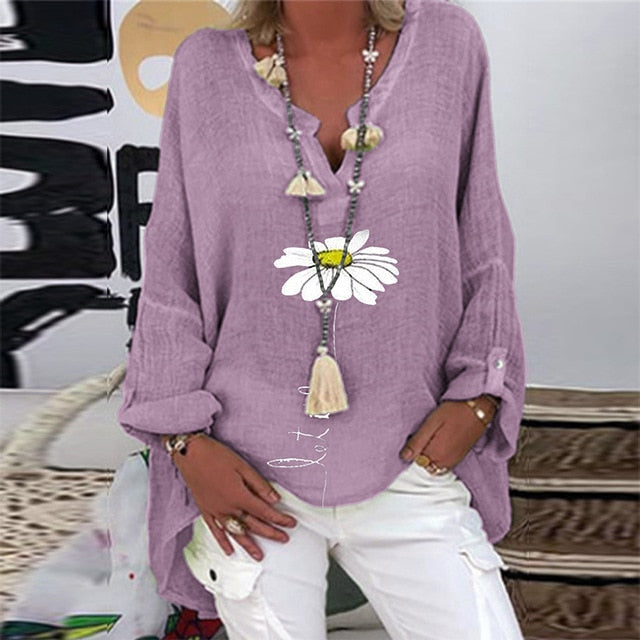 Elegant V-Neck Linen Cotton Women Blouse Shirts 2020 Autumn Floral Print Plus Size Tops Female Vintage Casual Long Sleeves Blusa