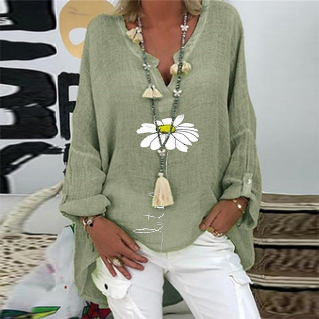 Elegant V-Neck Linen Cotton Women Blouse Shirts 2020 Autumn Floral Print Plus Size Tops Female Vintage Casual Long Sleeves Blusa