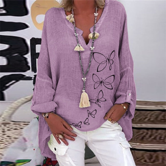 Elegant V-Neck Linen Cotton Women Blouse Shirts 2020 Autumn Floral Print Plus Size Tops Female Vintage Casual Long Sleeves Blusa