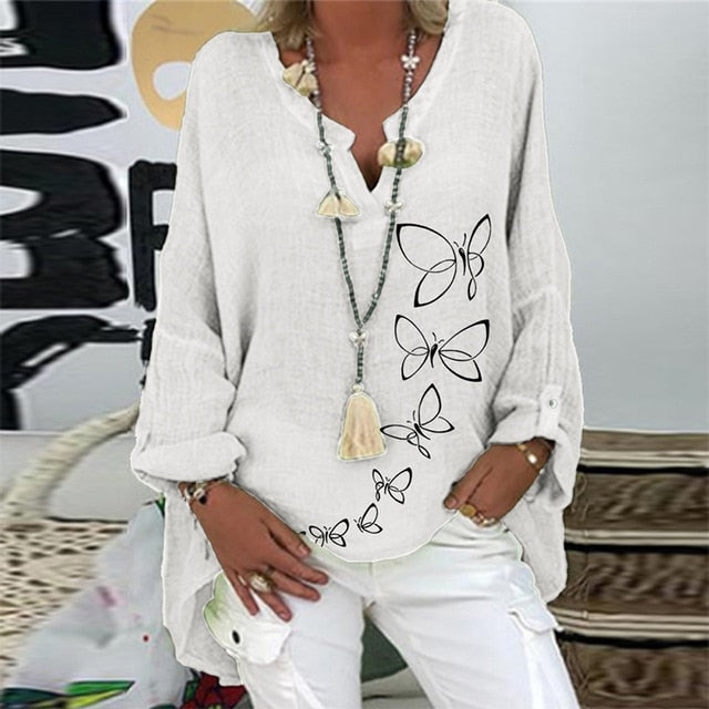 Elegant V-Neck Linen Cotton Women Blouse Shirts 2020 Autumn Floral Print Plus Size Tops Female Vintage Casual Long Sleeves Blusa