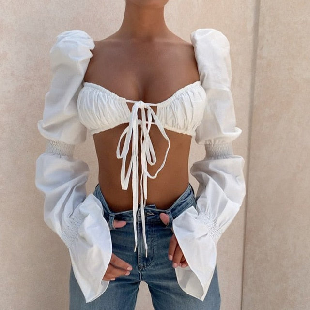 Cryptographic Shirred White Puff Sleeve Tie Front Top Women Blouse Shirts Elegant Hot Sexy Backless Crop Tops Fashion Blusas