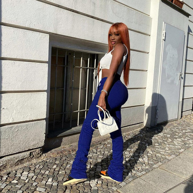 BOOFEENAA Street Style Gray Sweatpants for Women Drawstring Casual Extra Long Stacked Pants Winter Thick Warm Trousers C85-CD57