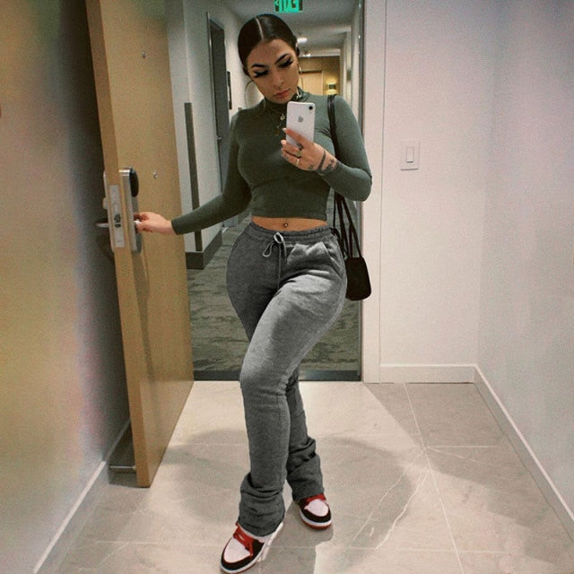 BOOFEENAA Street Style Gray Sweatpants for Women Drawstring Casual Extra Long Stacked Pants Winter Thick Warm Trousers C85-CD57