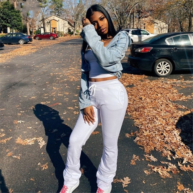BOOFEENAA Street Style Gray Sweatpants for Women Drawstring Casual Extra Long Stacked Pants Winter Thick Warm Trousers C85-CD57