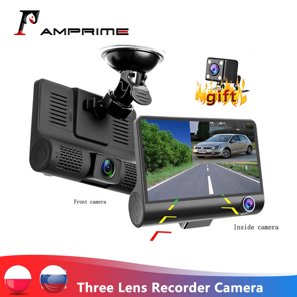 AMPrime 4'' Three Way Car DVR FHD Three Lens Video Recorder Camera 170 Wide Angle Dash Cam G-Sensor And Night vision Camcorder