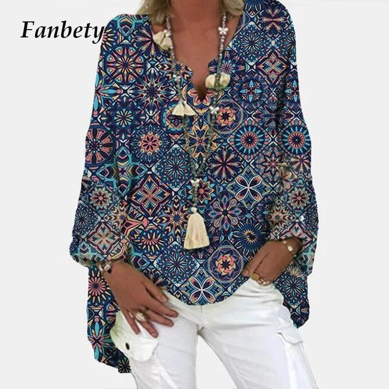 Elegant V-Neck Linen Cotton Women Blouse Shirts 2020 Autumn Floral Print Plus Size Tops Female Vintage Casual Long Sleeves Blusa