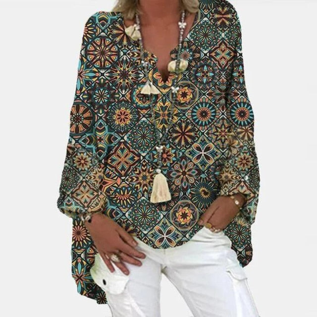 Elegant V-Neck Linen Cotton Women Blouse Shirts 2020 Autumn Floral Print Plus Size Tops Female Vintage Casual Long Sleeves Blusa