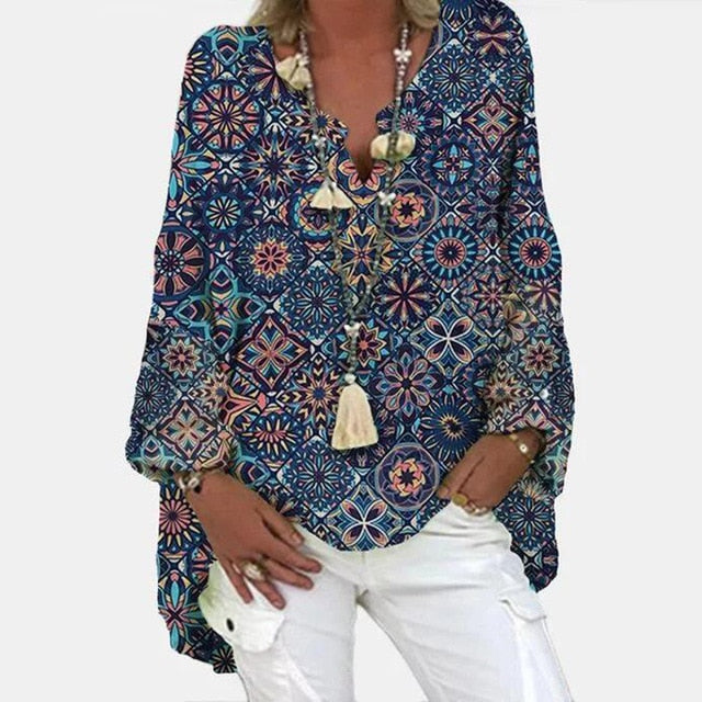 Elegant V-Neck Linen Cotton Women Blouse Shirts 2020 Autumn Floral Print Plus Size Tops Female Vintage Casual Long Sleeves Blusa