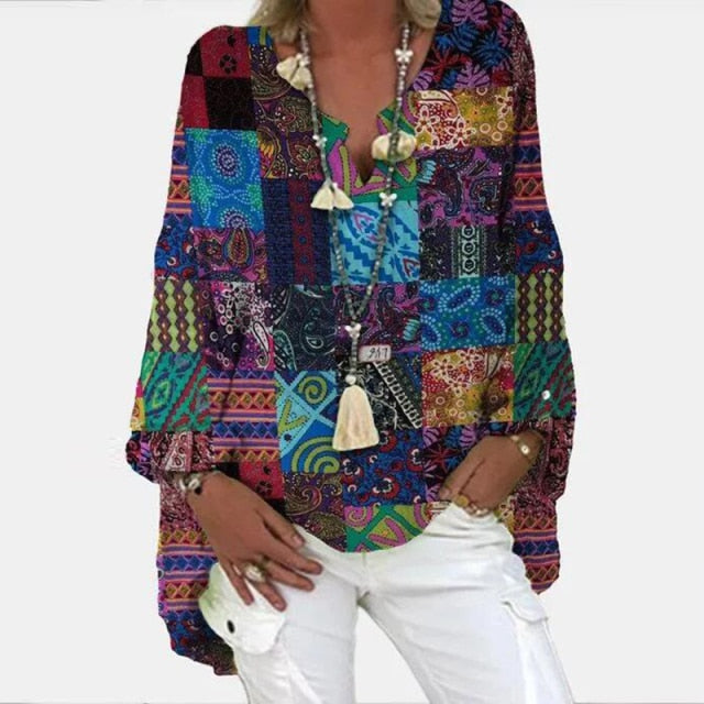 Elegant V-Neck Linen Cotton Women Blouse Shirts 2020 Autumn Floral Print Plus Size Tops Female Vintage Casual Long Sleeves Blusa