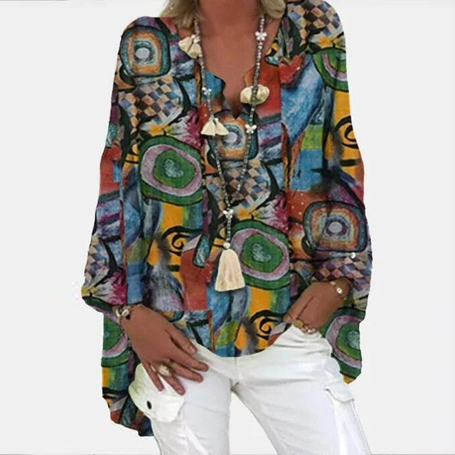 Elegant V-Neck Linen Cotton Women Blouse Shirts 2020 Autumn Floral Print Plus Size Tops Female Vintage Casual Long Sleeves Blusa