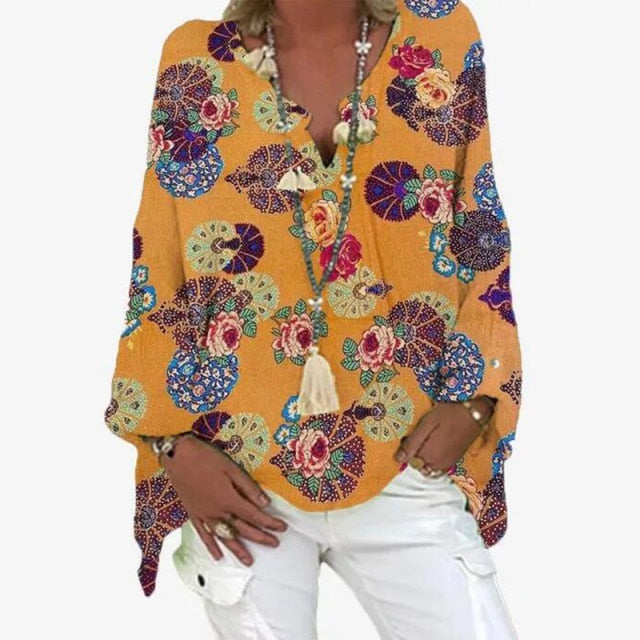 Elegant V-Neck Linen Cotton Women Blouse Shirts 2020 Autumn Floral Print Plus Size Tops Female Vintage Casual Long Sleeves Blusa