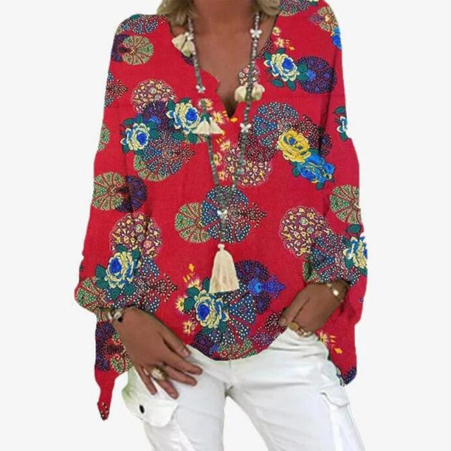 Elegant V-Neck Linen Cotton Women Blouse Shirts 2020 Autumn Floral Print Plus Size Tops Female Vintage Casual Long Sleeves Blusa