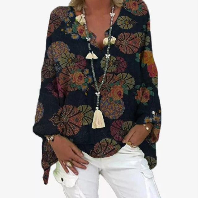 Elegant V-Neck Linen Cotton Women Blouse Shirts 2020 Autumn Floral Print Plus Size Tops Female Vintage Casual Long Sleeves Blusa