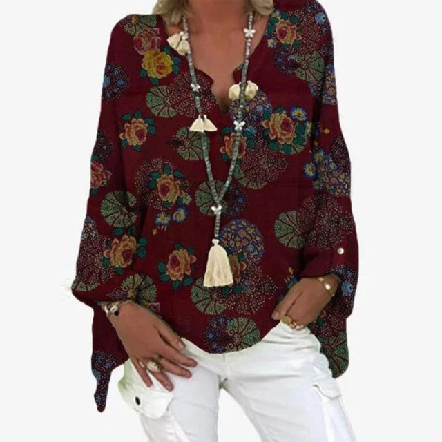 Elegant V-Neck Linen Cotton Women Blouse Shirts 2020 Autumn Floral Print Plus Size Tops Female Vintage Casual Long Sleeves Blusa