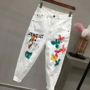 plus Size Women White Denim Jeans Cartoon Graffiti Flowers Print Stretched Hallen Jeans Pencil Pants Autumn Skinny Jeans LU1271