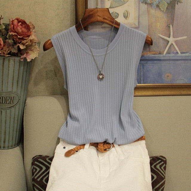 Fashion Woman Blouse 2021 Summer Sleeveless Blouse Women O-neck Knitted Blouse Shirt Women Clothes Womens Tops And Blouses C853