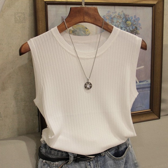 Fashion Woman Blouse 2021 Summer Sleeveless Blouse Women O-neck Knitted Blouse Shirt Women Clothes Womens Tops And Blouses C853