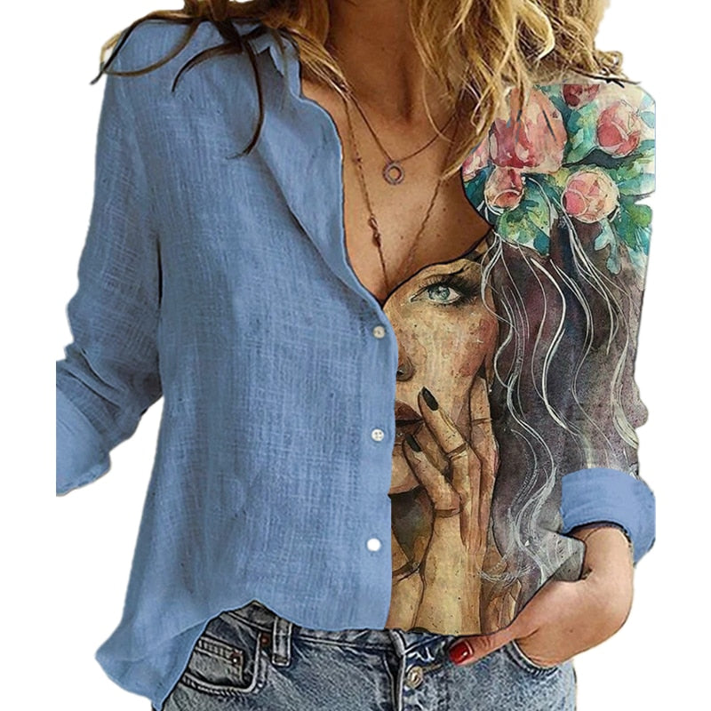 Fashion Retro Portrait Floral Print Women Shirt Autumn Stitching Button Long Sleeve Cotton Linen Blouses Casual Street Lady Top