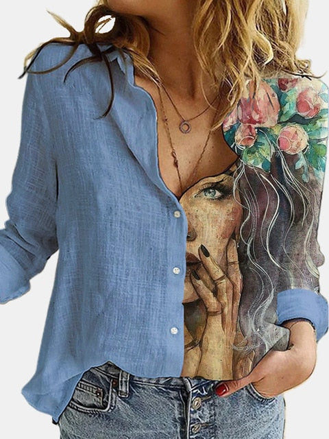Fashion Retro Portrait Floral Print Women Shirt Autumn Stitching Button Long Sleeve Cotton Linen Blouses Casual Street Lady Top