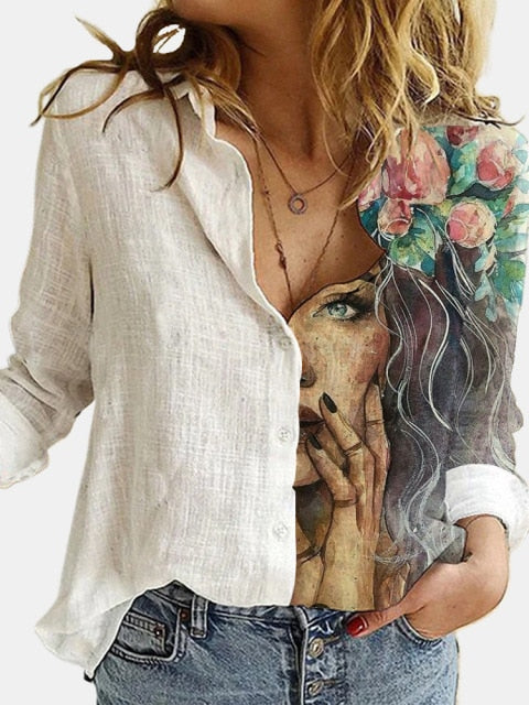 Fashion Retro Portrait Floral Print Women Shirt Autumn Stitching Button Long Sleeve Cotton Linen Blouses Casual Street Lady Top