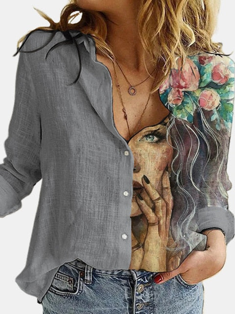 Fashion Retro Portrait Floral Print Women Shirt Autumn Stitching Button Long Sleeve Cotton Linen Blouses Casual Street Lady Top