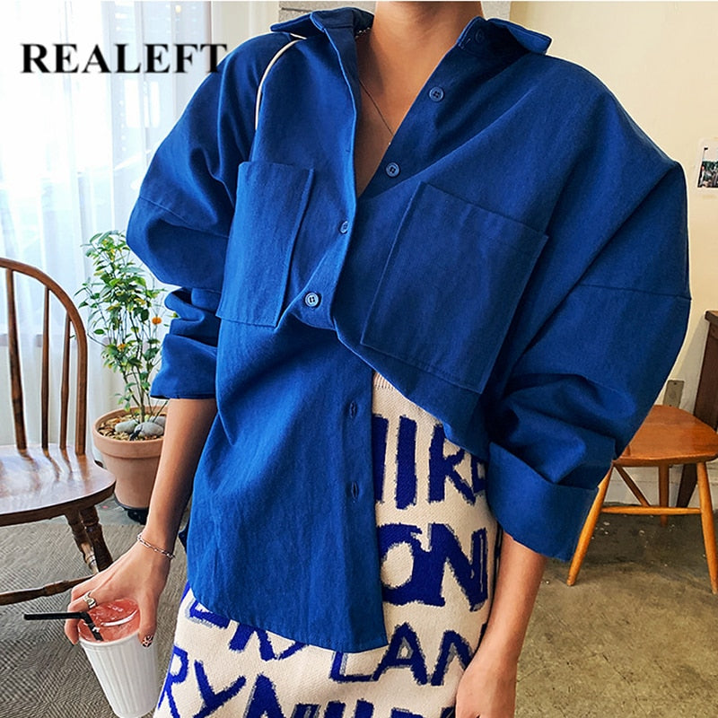 REALEFT 2021 New Spring Double Pockets Turn-down Collar Cotton Women's Blouse Casual Loose Female Blouse Tops Workwear Shirts