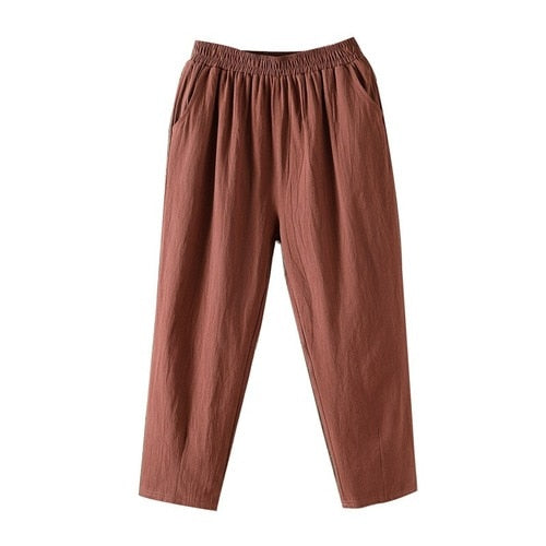 Cotton Linen Pants Women Spring Summer Large Size Solid Color Harem Pants Elastic Waist Loose Casual Woman's Linen Trousers