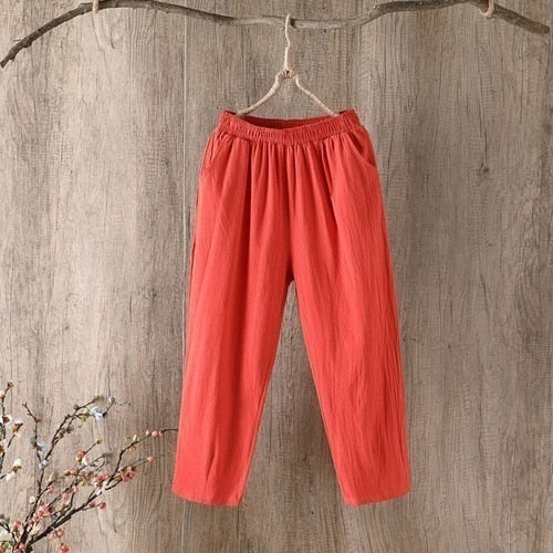 Cotton Linen Pants Women Spring Summer Large Size Solid Color Harem Pants Elastic Waist Loose Casual Woman's Linen Trousers