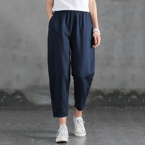 Cotton Linen Pants Women Spring Summer Large Size Solid Color Harem Pants Elastic Waist Loose Casual Woman's Linen Trousers