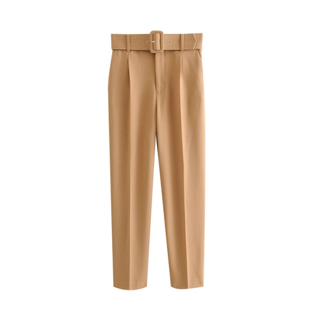 KPYTOMOA Women 2021 Chic Fashion High Waist With Belt Pants Vintage Zipper Fly Pockets Office Wear Female Ankle Trousers Mujer