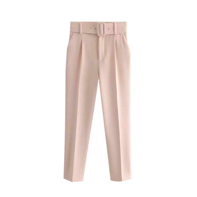 KPYTOMOA Women 2021 Chic Fashion High Waist With Belt Pants Vintage Zipper Fly Pockets Office Wear Female Ankle Trousers Mujer