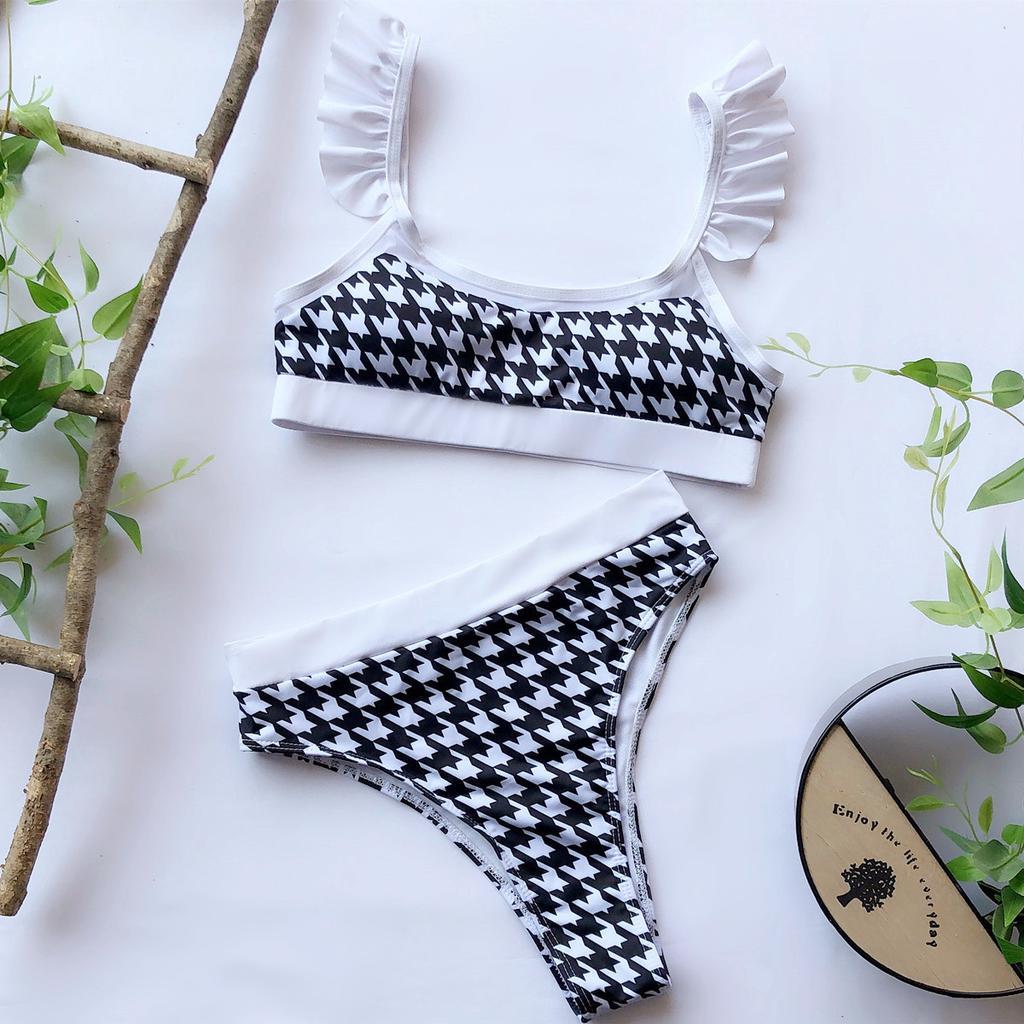 Retro Plaid Ruffle Black White Bikini Set