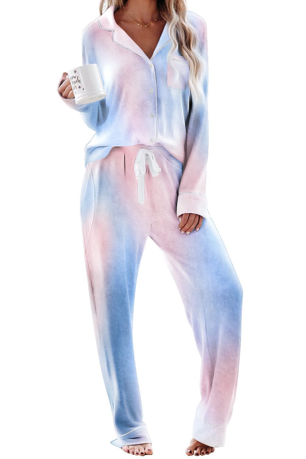 Blue Pink Tie-dye Long Sleeve Shirt with Pants Pajamas Set