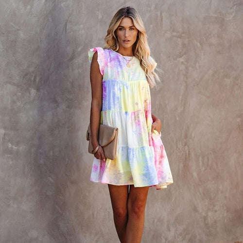 O-neck Sleeveless Tie-dye Printed Short Dress